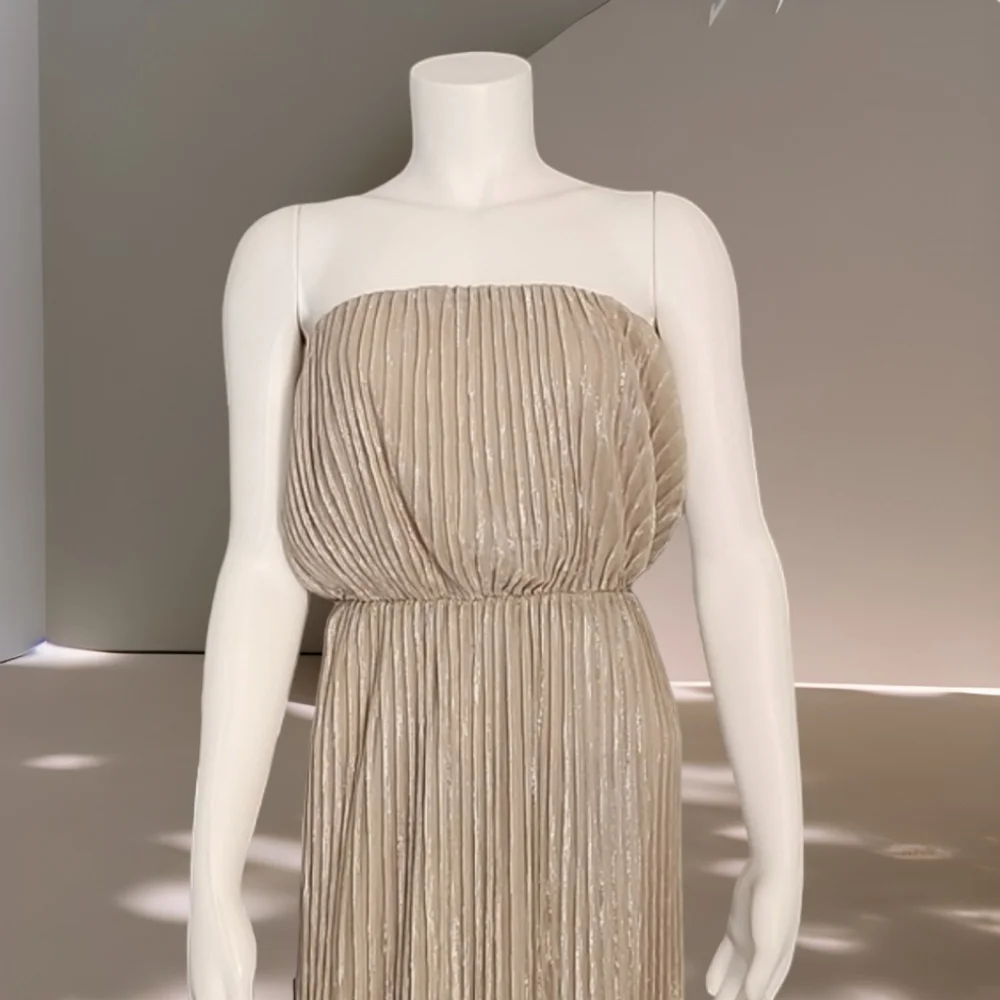 THE LIMITED Champagne Maxi Dress XS Shimmer Tube Top Strapless All Over Pleated
